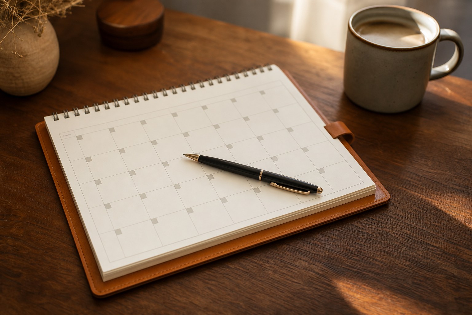 Lederkalender mit Stift auf Holzschreibtisch, Kaffeetasse daneben, warmes Seitenlicht