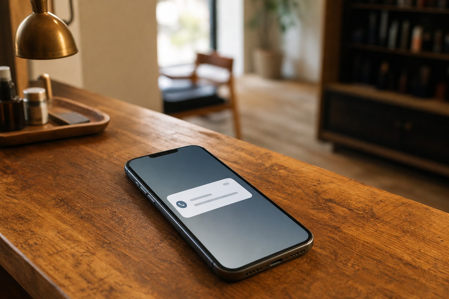Smartphone face-up auf Holzfläche im Shop-Interior, Notification-Hinweis auf dem Bildschirm