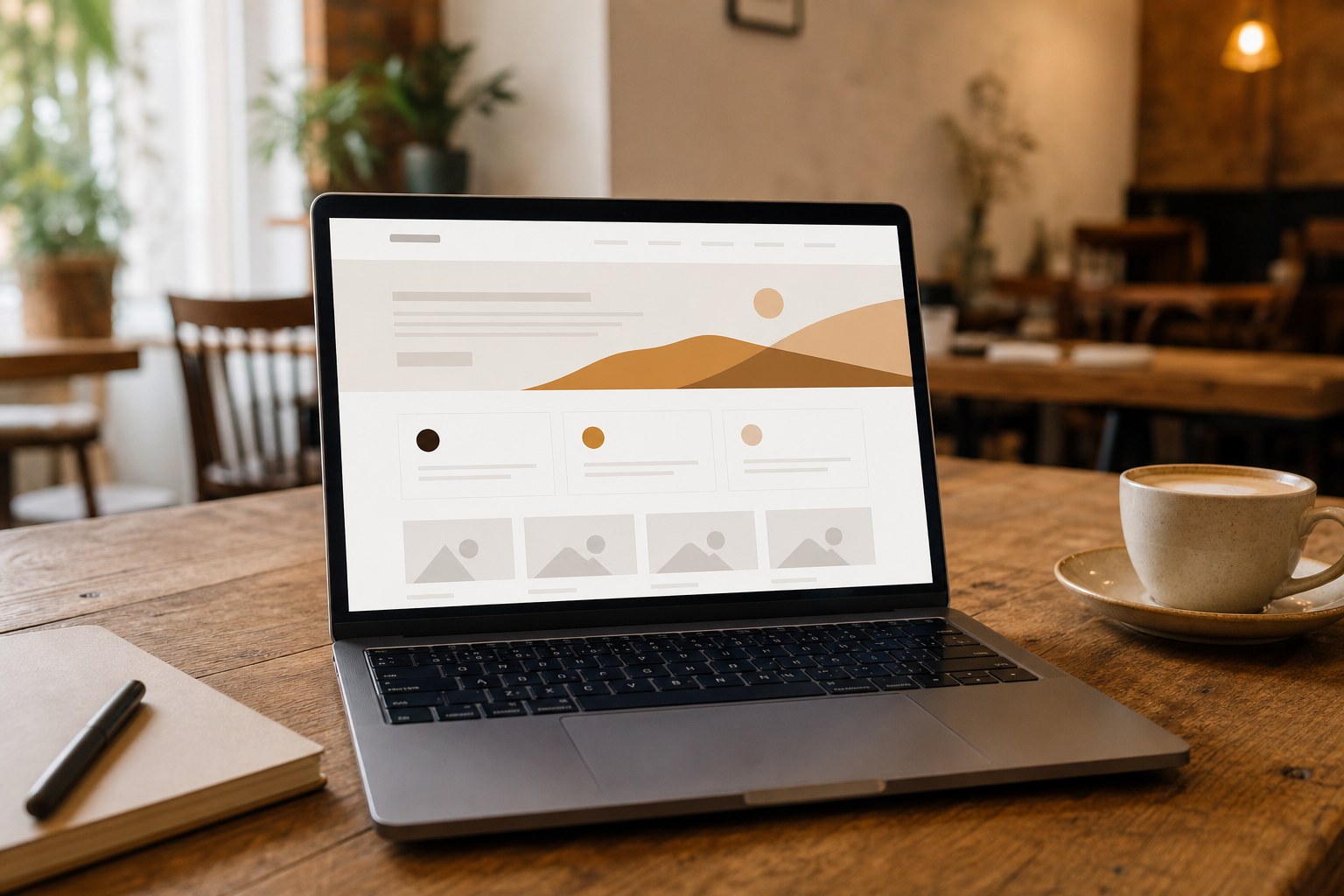 Laptop auf Holztisch im Café — abstraktes modernes Website-Layout auf dem Bildschirm, Kaffeetasse daneben