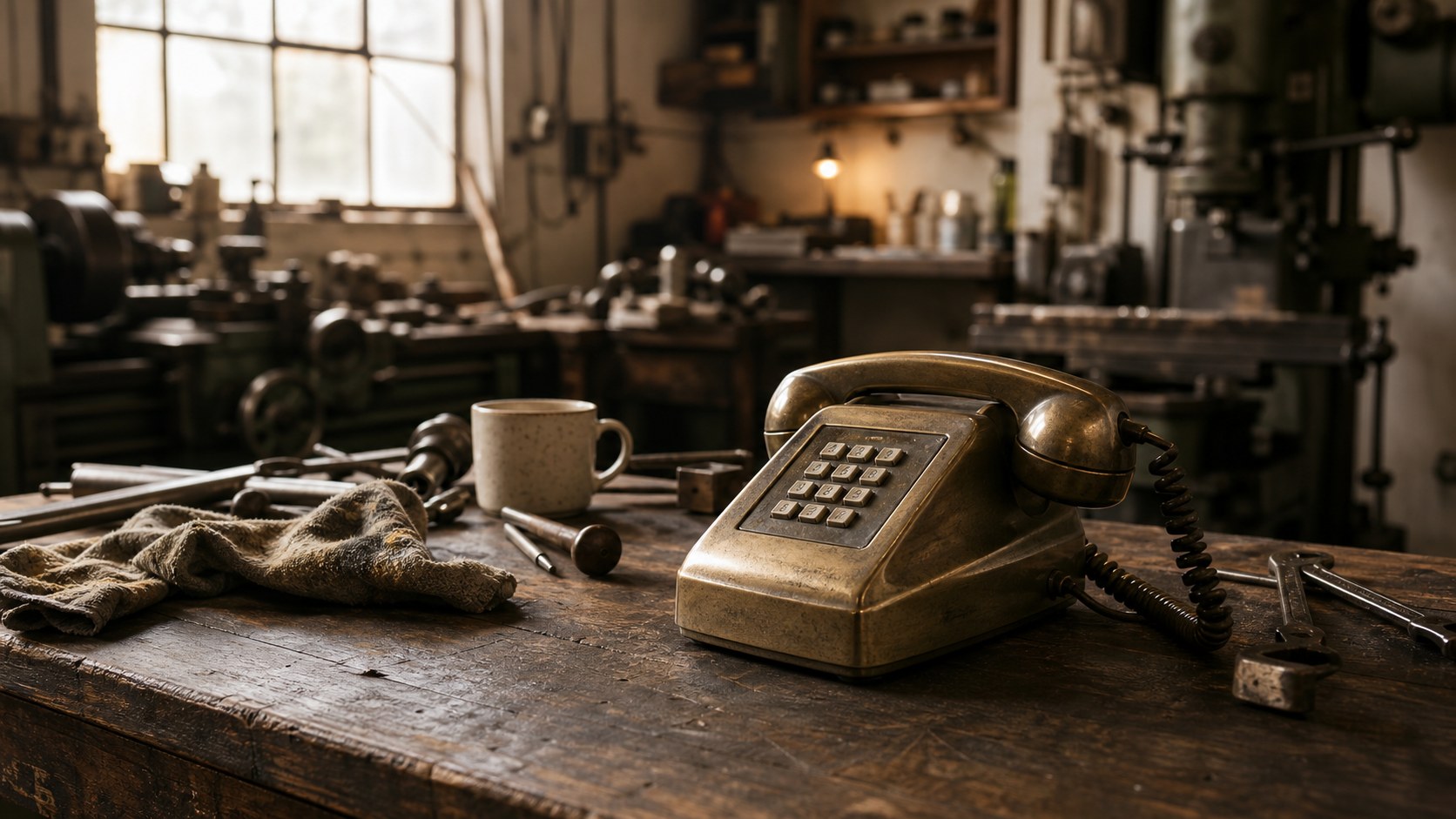 Werkstatt-Szene mit Vintage-Brass-Telefon auf der Werkbank, Werkzeuge und Kaffeetasse im Vordergrund
